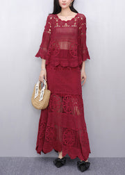 Style Red Hollow Out Knit Two Pieces Set Flare Sleeve