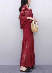 Style Red Hollow Out Knit Two Pieces Set Flare Sleeve