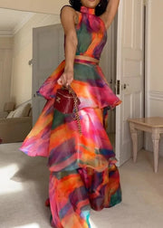 Style Red O-Neck Print Cold Shoulder Long Dress Summer