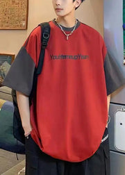 Style Red Oversized Patchwork Cotton Men Graphic T Shirts Summer