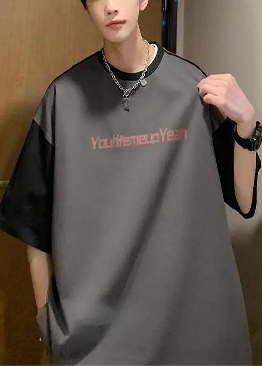 Style Red Oversized Patchwork Cotton Men Graphic T Shirts Summer