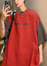 Style Red Oversized Patchwork Cotton Men Graphic T Shirts Summer
