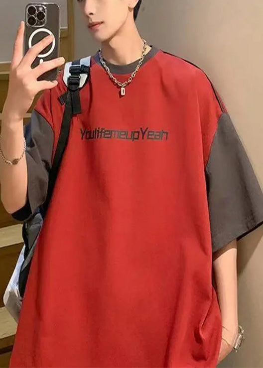 Style Red Oversized Patchwork Cotton Men Graphic T Shirts Summer