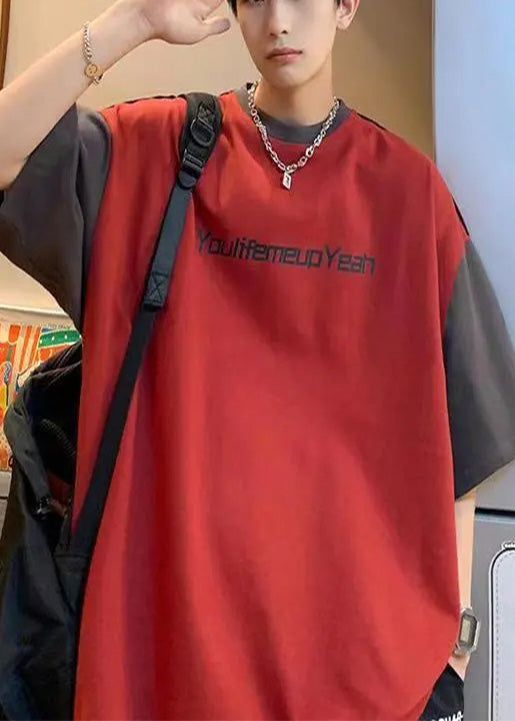 Style Red Oversized Patchwork Cotton Men Graphic T Shirts Summer