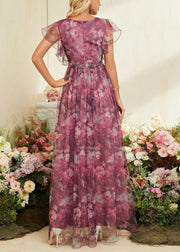 Style Red Print High Waist Tulle Maxi Dress Summer