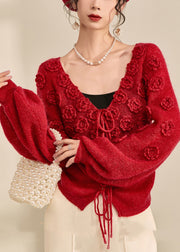 Style Red V Neck Drawstring Solid Cotton Knit Sweater Lantern Sleeve