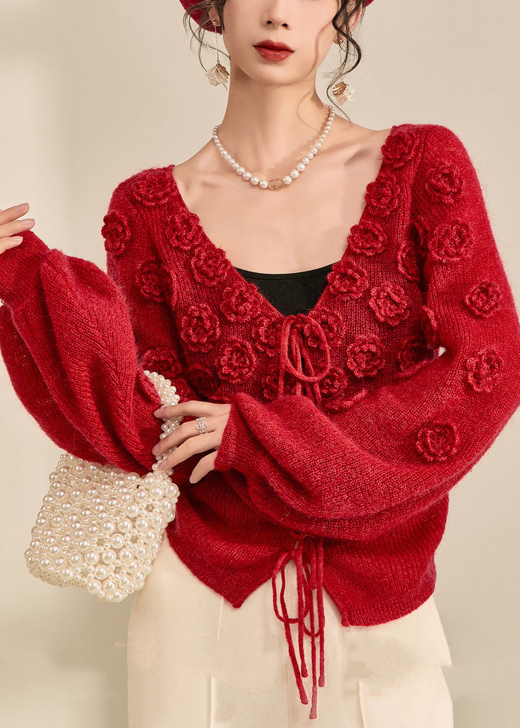 Style Red V Neck Drawstring Solid Cotton Knit Sweater Lantern Sleeve