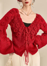 Style Red V Neck Drawstring Solid Cotton Knit Sweater Lantern Sleeve