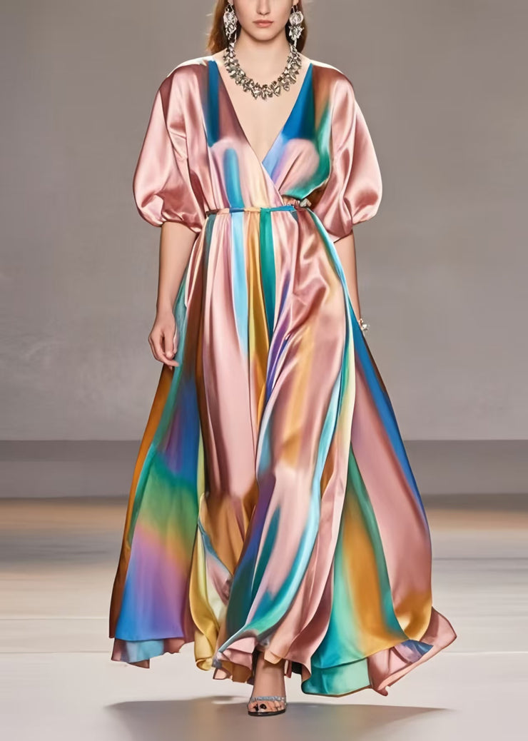 Style Rubber Red V Neck Tie Dye Silk Maxi Dresses Summer