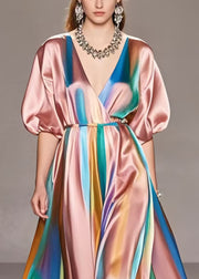 Style Rubber Red V Neck Tie Dye Silk Maxi Dresses Summer