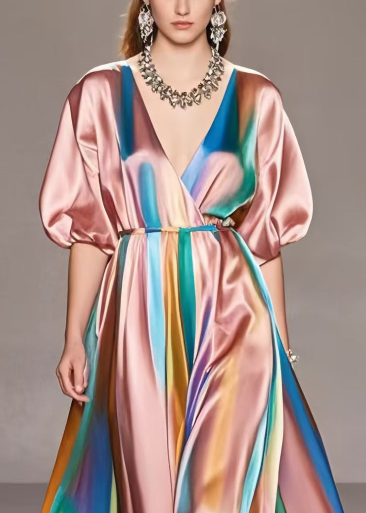 Style Rubber Red V Neck Tie Dye Silk Maxi Dresses Summer
