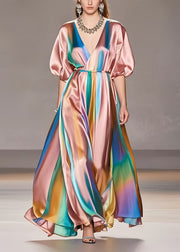 Style Rubber Red V Neck Tie Dye Silk Maxi Dresses Summer