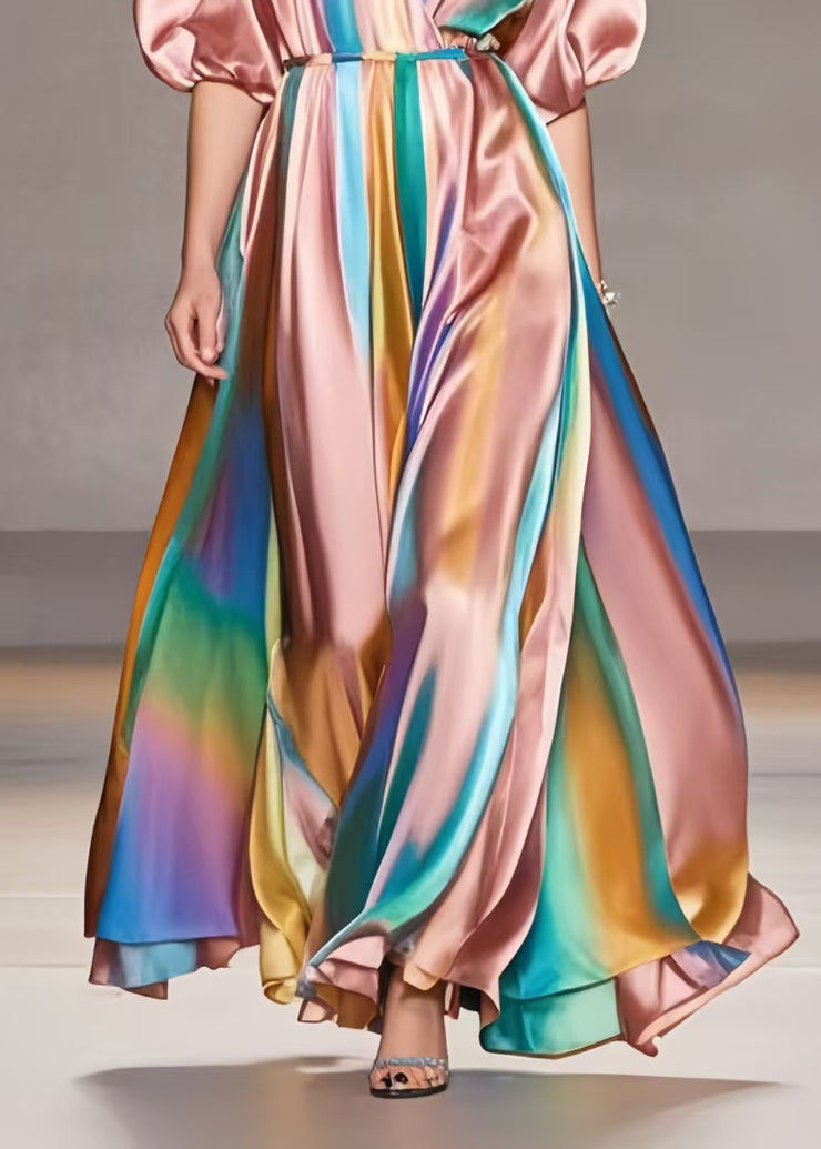 Style Rubber Red V Neck Tie Dye Silk Maxi Dresses Summer
