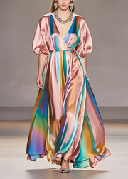 Style Rubber Red V Neck Tie Dye Silk Maxi Dresses Summer