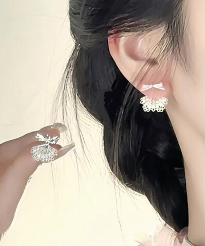 Style Silk Sterling Silver Lace Bow Stud Earrings