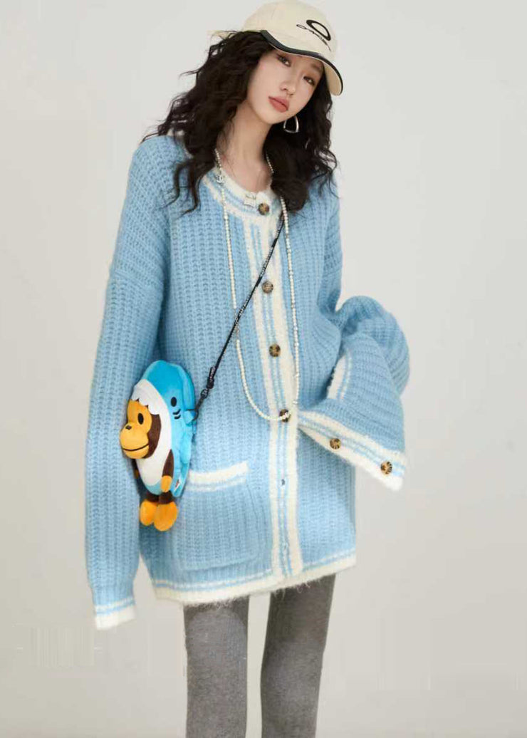 Style Sky Blue Oversized Pockets Knit Two Pieces Set Winter