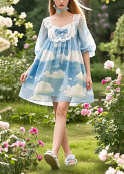 Style Sky Blue Oversized Print Chiffon Mini Dresses Summer