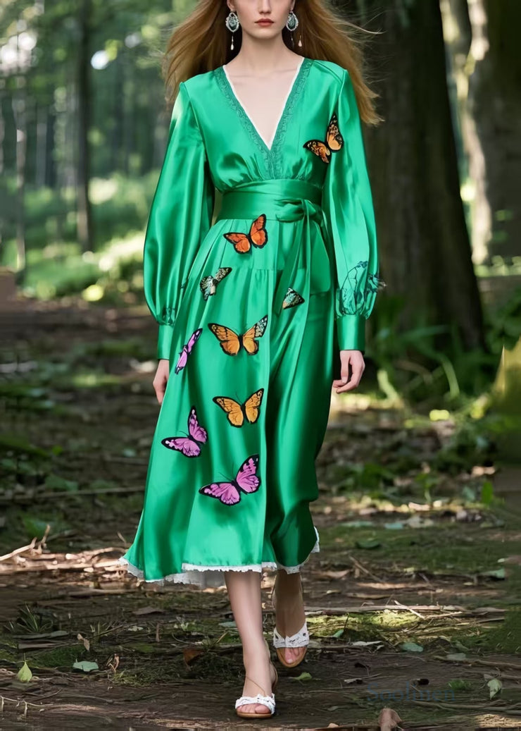 Style Tea Green Cinched Butterfly Silk Ankle Dress Spring