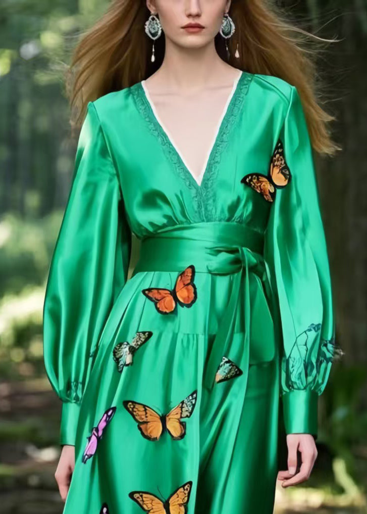 Style Tea Green Cinched Butterfly Silk Ankle Dress Spring