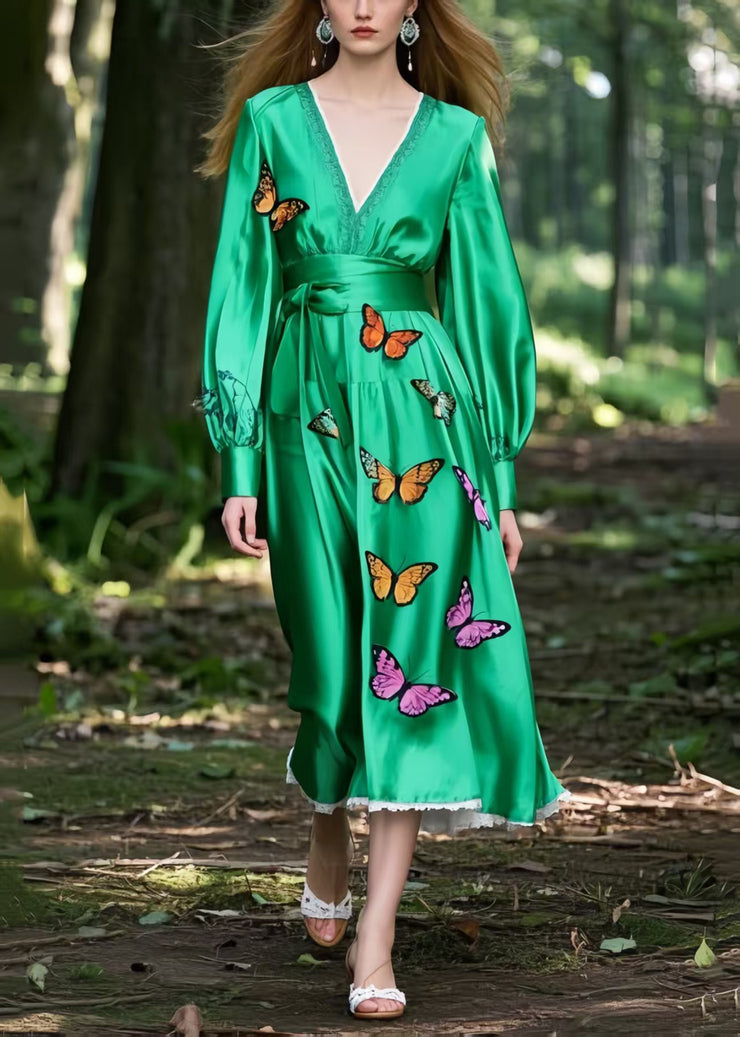 Style Tea Green Cinched Butterfly Silk Ankle Dress Spring