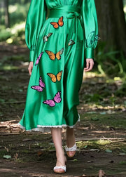 Style Tea Green Cinched Butterfly Silk Ankle Dress Spring