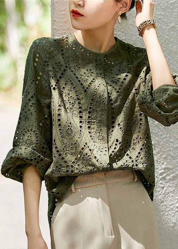 Style Tea Green Embroidered Hollow Out Cotton Top Fall