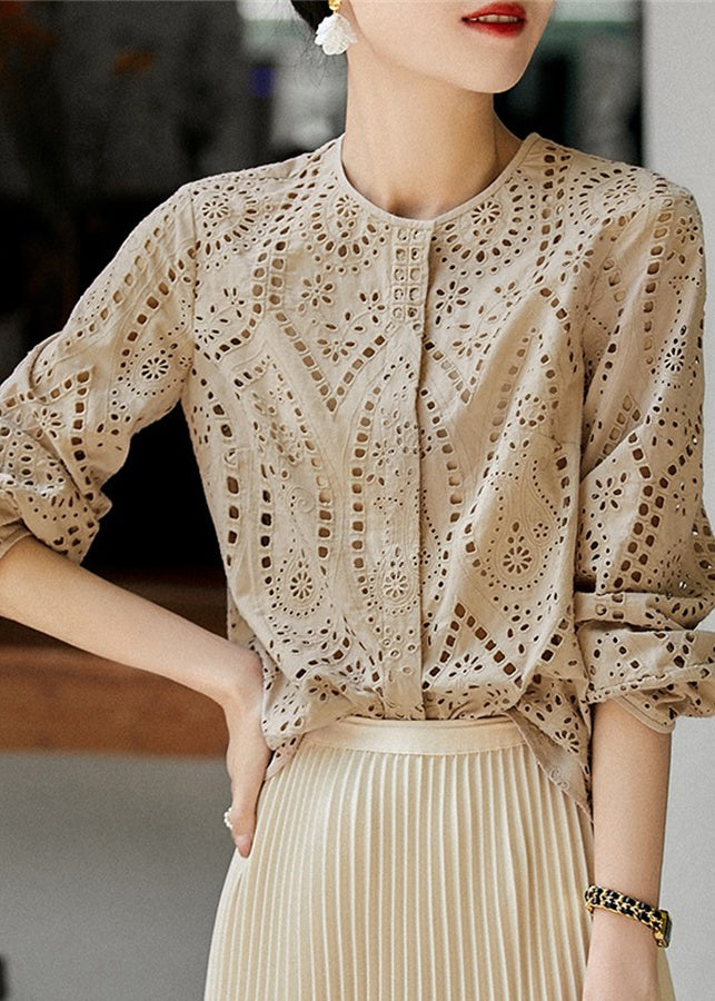 Style Tea Green Embroidered Hollow Out Cotton Top Fall