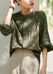 Style Tea Green Embroidered Hollow Out Cotton Top Fall