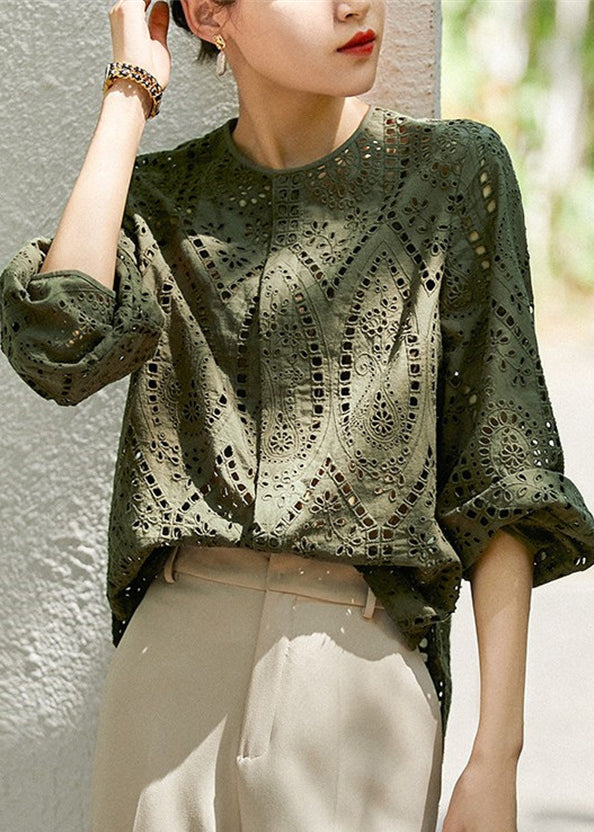 Style Tea Green Embroidered Hollow Out Cotton Top Fall