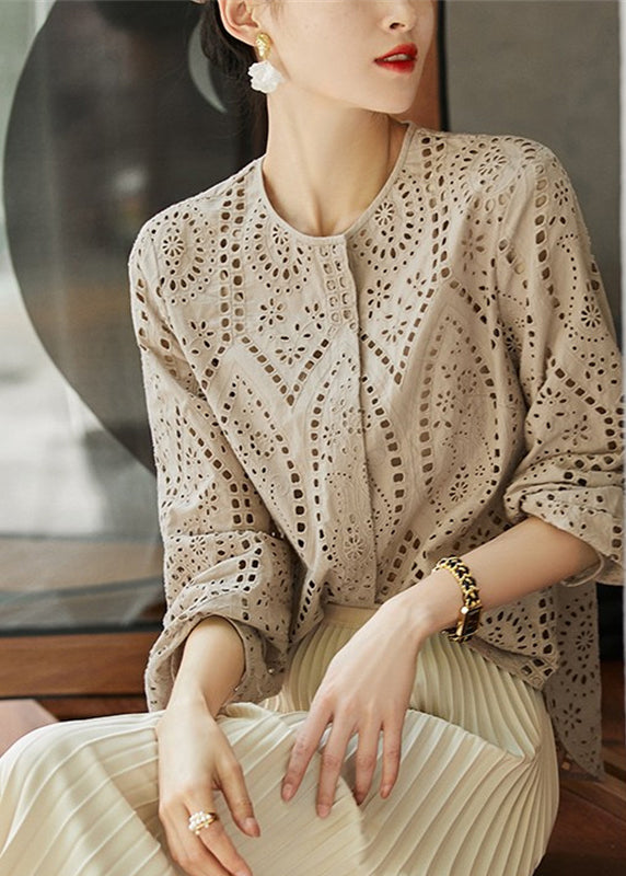 Style Tea Green Embroidered Hollow Out Cotton Top Fall