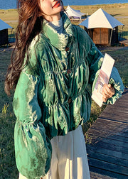 Style Tea Green Oversized Print Duck Down Puffers Jackets Lantern Sleeve