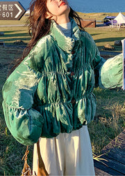 Style Tea Green Oversized Print Duck Down Puffers Jackets Lantern Sleeve