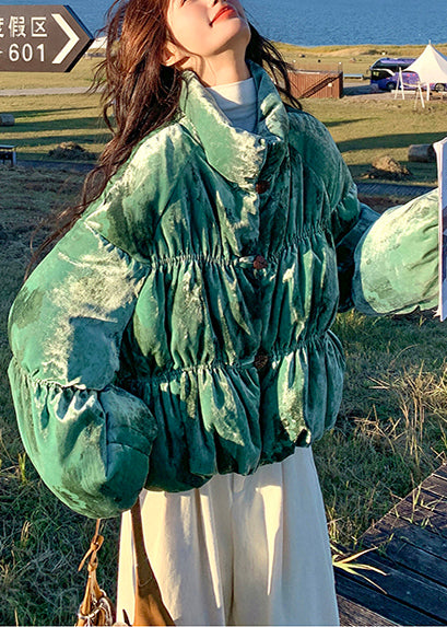 Style Tea Green Oversized Print Duck Down Puffers Jackets Lantern Sleeve