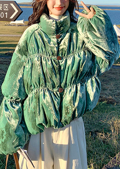 Style Tea Green Oversized Print Duck Down Puffers Jackets Lantern Sleeve