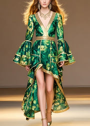 Style Tea Green Print Low High Design Chiffon Party Dress Flare Sleeve
