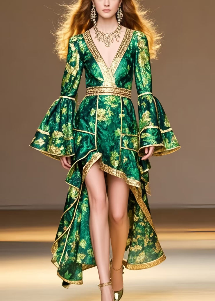 Style Tea Green Print Low High Design Chiffon Party Dress Flare Sleeve