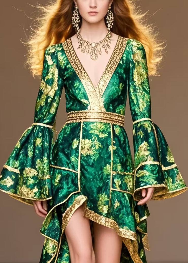 Style Tea Green Print Low High Design Chiffon Party Dress Flare Sleeve