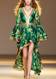 Style Tea Green Print Low High Design Chiffon Party Dress Flare Sleeve