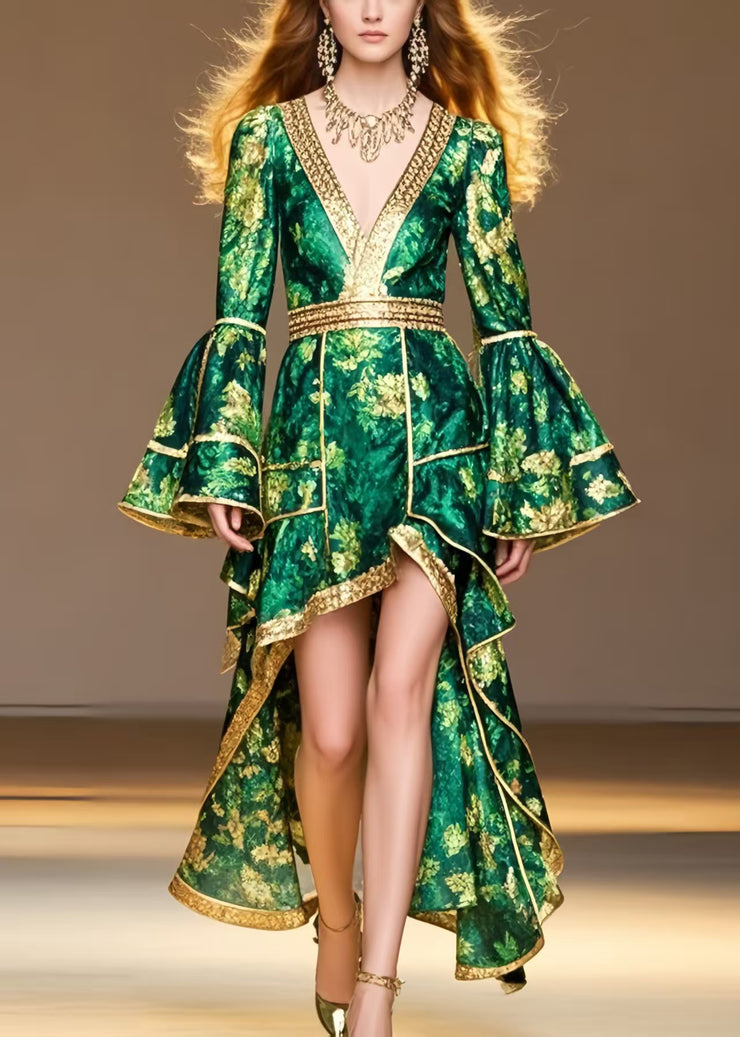 Style Tea Green Print Low High Design Chiffon Party Dress Flare Sleeve