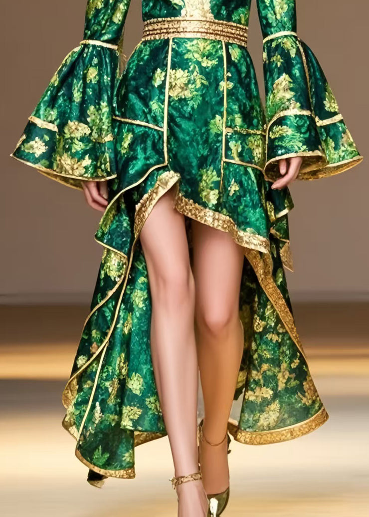 Style Tea Green Print Low High Design Chiffon Party Dress Flare Sleeve
