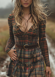 Style V Neck Plaid Cotton Mini Dress Long Sleeve