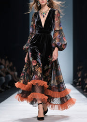 Style V Neck Ruffled Print Patchwork Velvet Dresses Fall