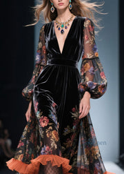 Style V Neck Ruffled Print Patchwork Velvet Dresses Fall