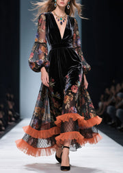 Style V Neck Ruffled Print Patchwork Velvet Dresses Fall