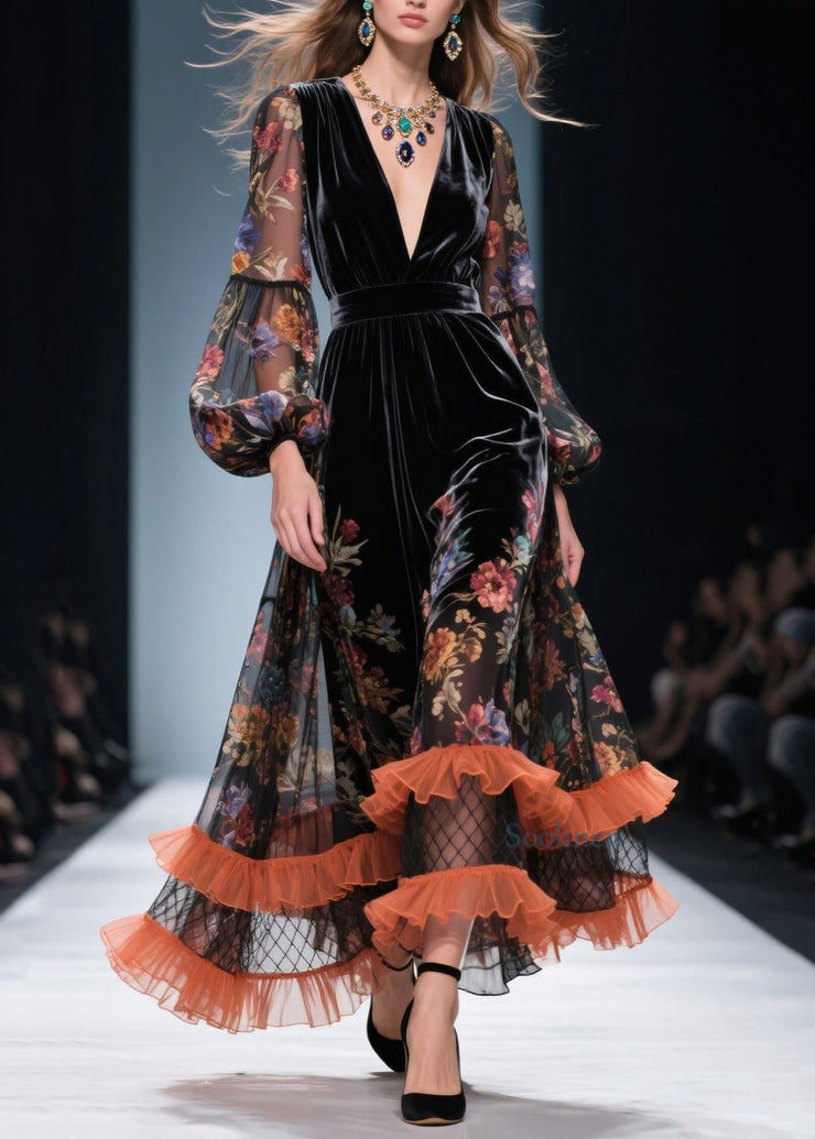 Style V Neck Ruffled Print Patchwork Velvet Dresses Fall