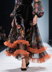 Style V Neck Ruffled Print Patchwork Velvet Dresses Fall