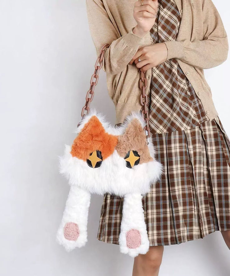 Style White Cat Asymmetrical Design Fuzzy Fur Fluffy Shoulder Bags