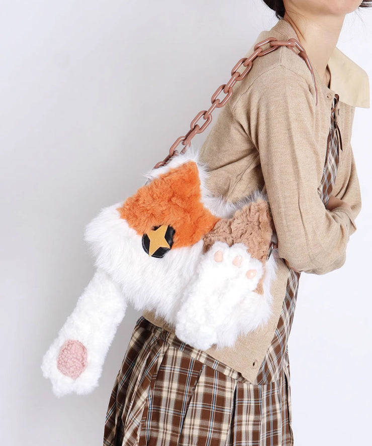 Style White Cat Asymmetrical Design Fuzzy Fur Fluffy Shoulder Bags