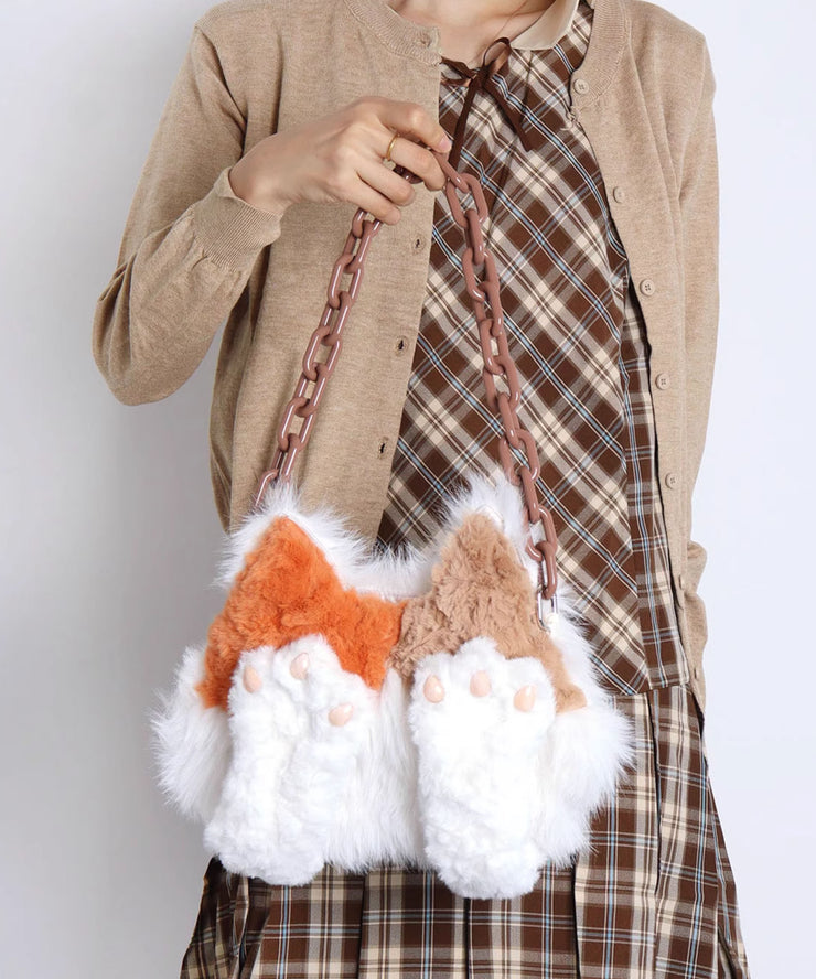 Style White Cat Asymmetrical Design Fuzzy Fur Fluffy Shoulder Bags