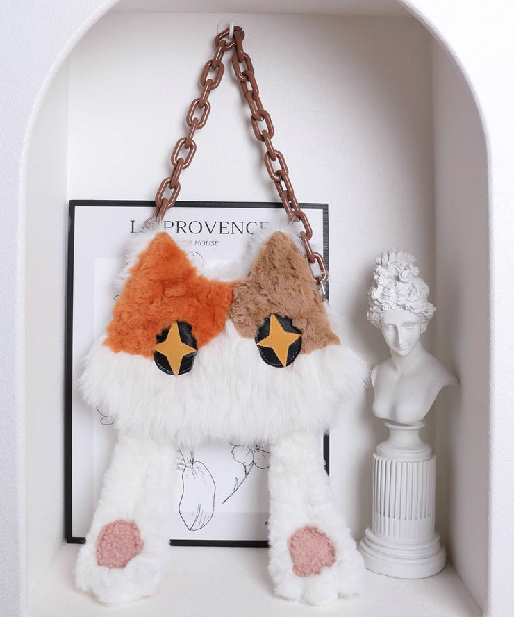 Style White Cat Asymmetrical Design Fuzzy Fur Fluffy Shoulder Bags